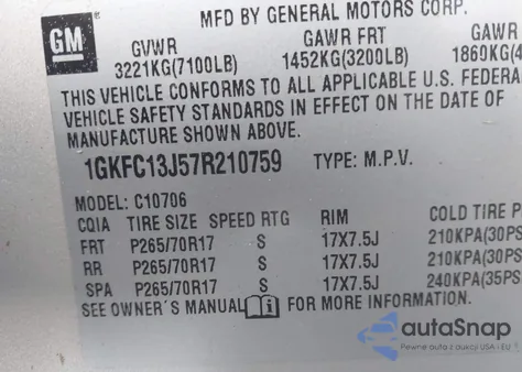2007 GMC Yukon Commercial Fleet из США, поврежденный, VIN 1GKFC13J57R210759